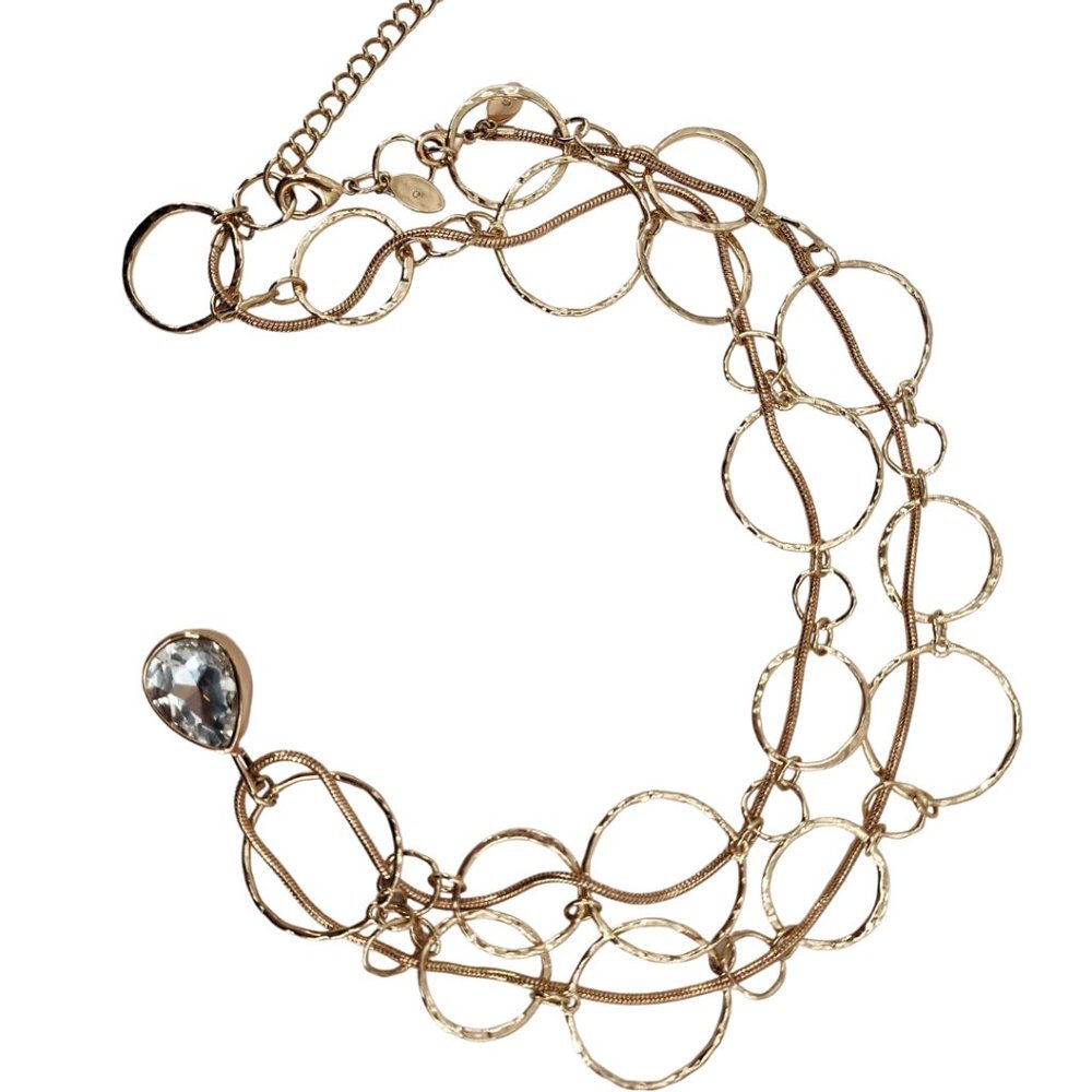 CHICO'S Gold Tone Double Chain Crystal Pendant Statement Necklace NWOT